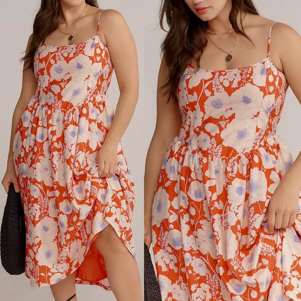 Anthropologie Red Floral Midi Dress with Cream & Blue Flowers